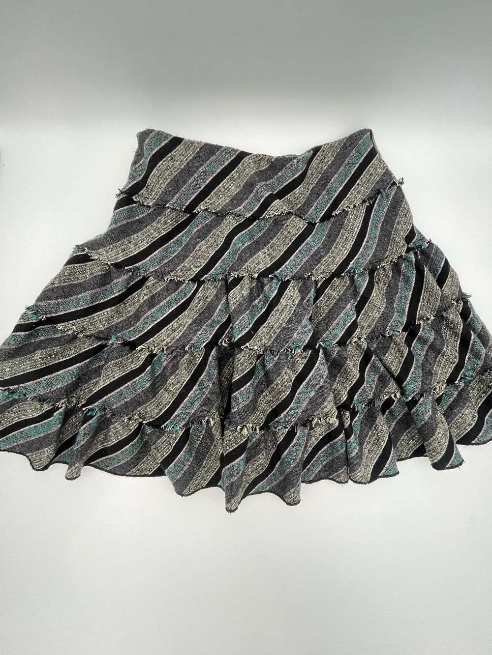 Artsy gray blue miniSkirt Raw edges Tiered ruffled stripe boho fairy grunge sz M